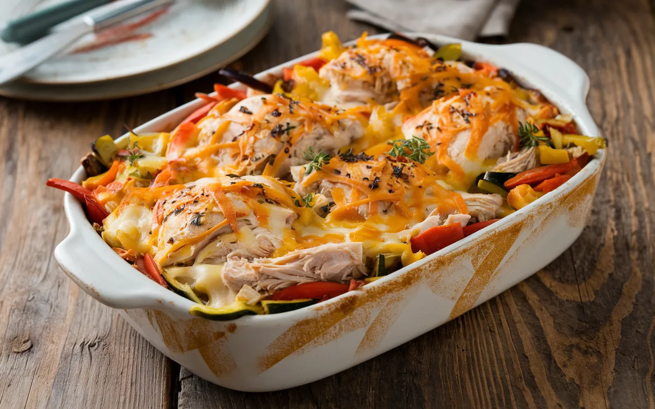 A cheesy chicken and vegetable casserole sits in a white baking dish on a wooden table.