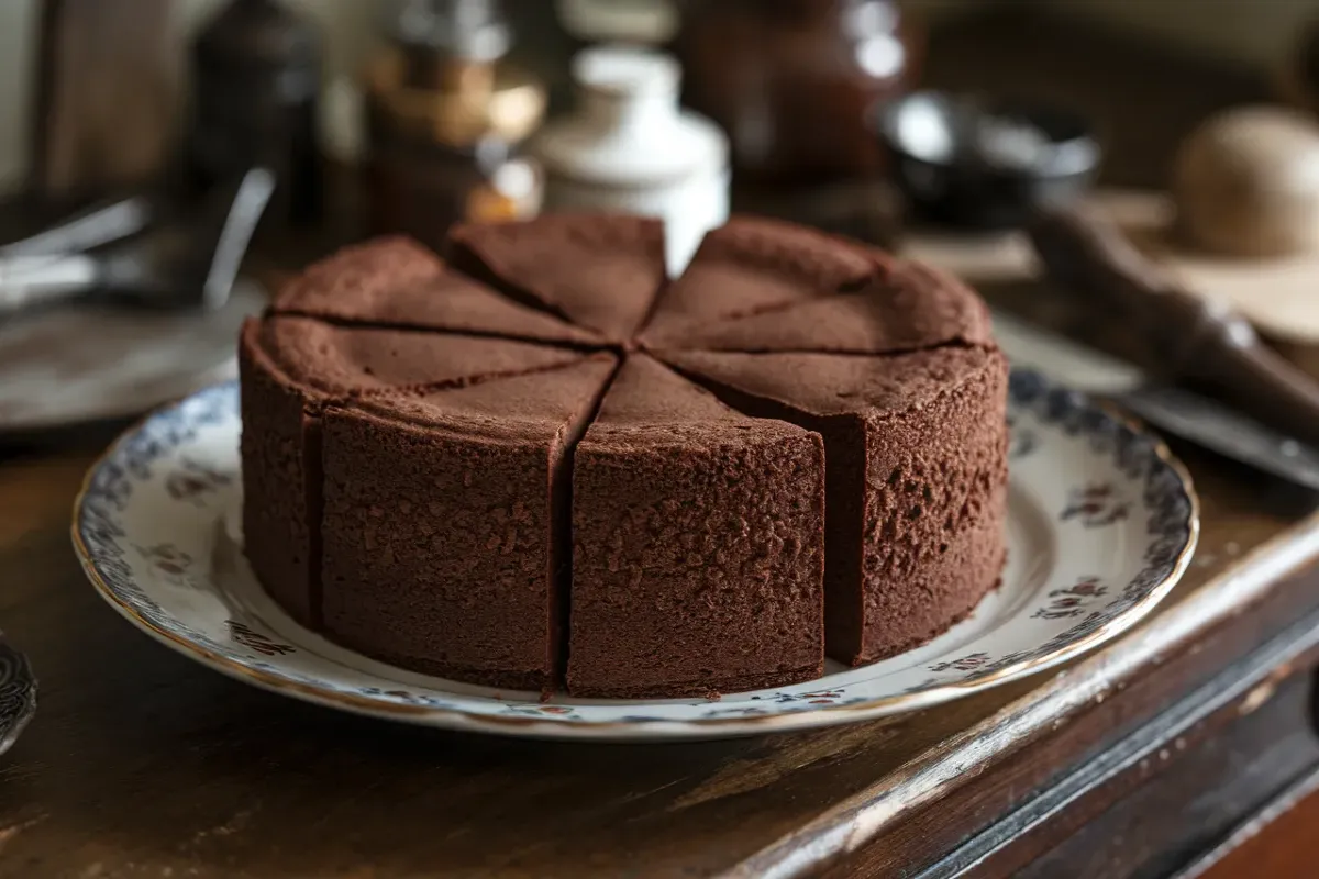 A round, dark chocolate cake, pre-sliced into eight pieces, sits on a decorative plate.