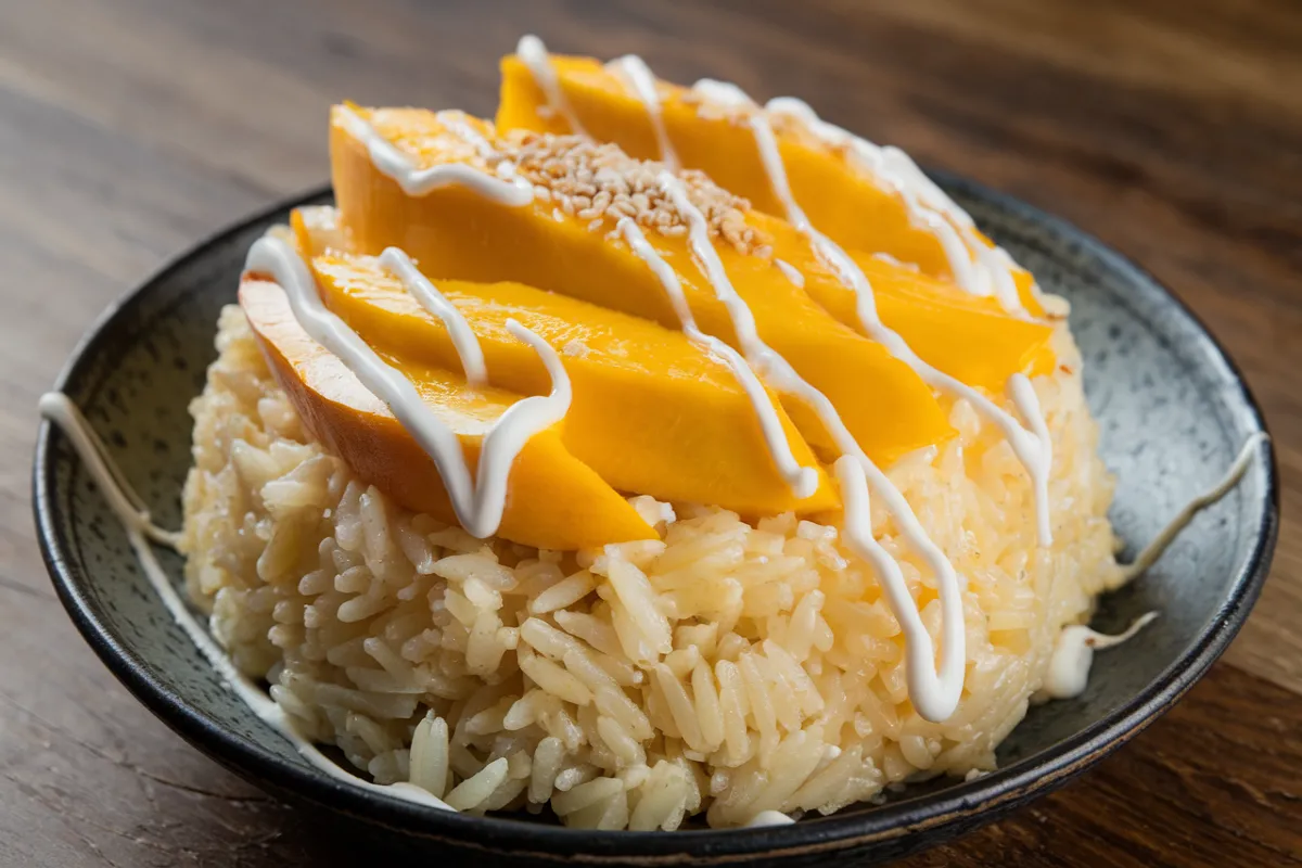 A plate of mango sticky rice topped with coconut milk and sesame seeds.