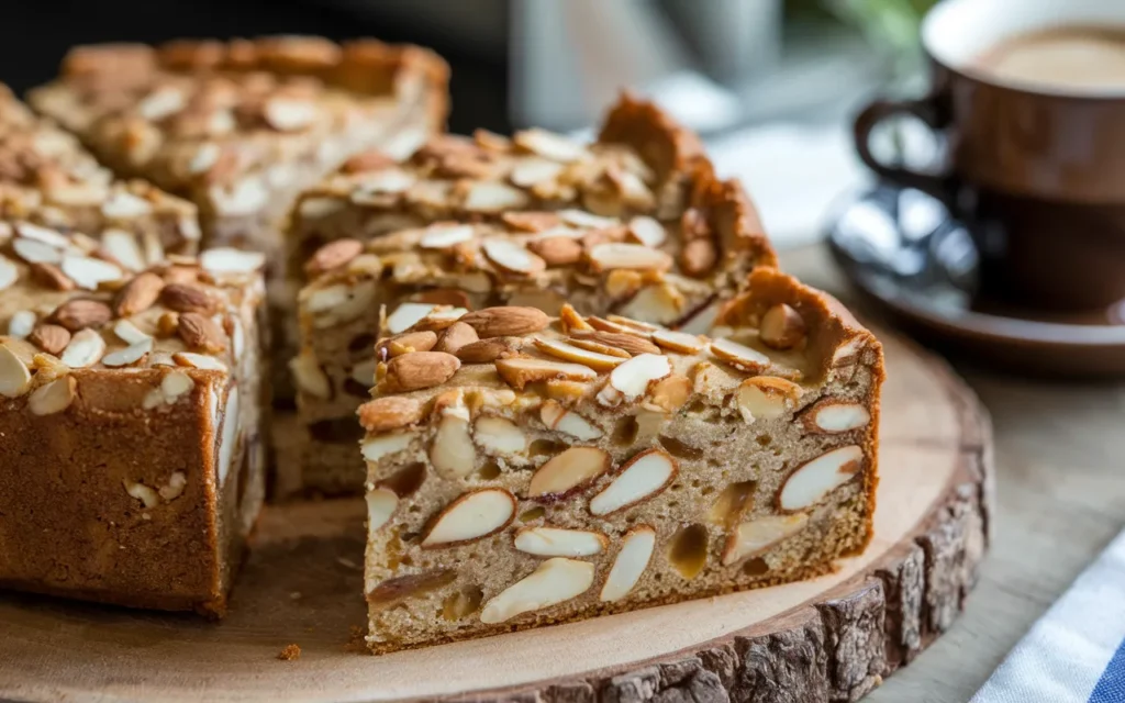 Sliced almond cake on a wooden board.