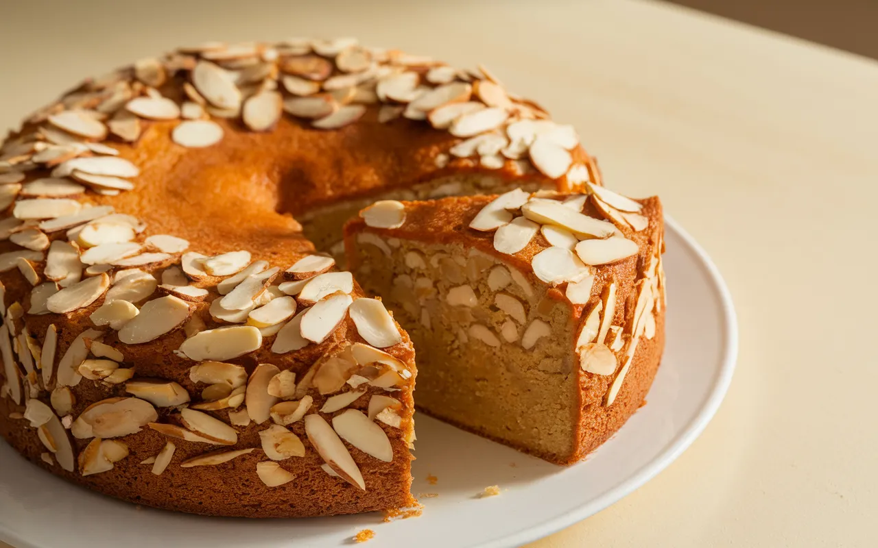 Slices of almond nut cake recipe.