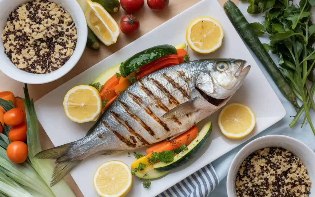 Grilled fish on a white rectangular plate is served with lemon slices and colorful vegetables.