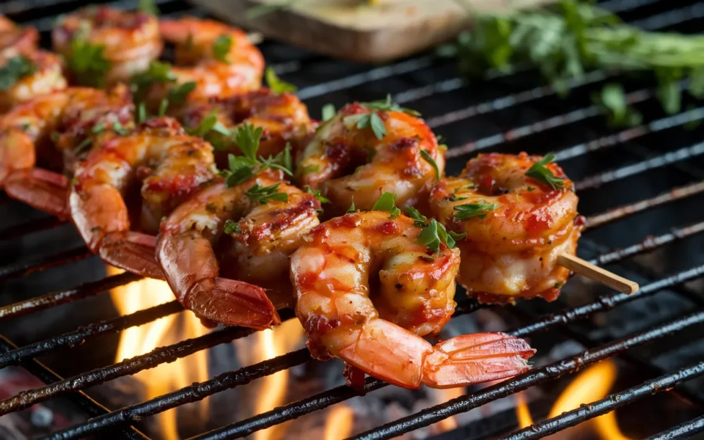 Grilled shrimp skewers cook over a fire on a grill.