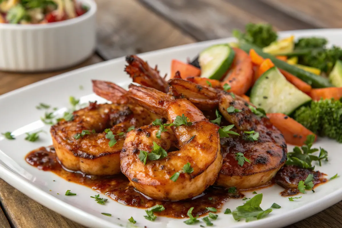 Grilled shrimp are served with mixed vegetables on a white plate.