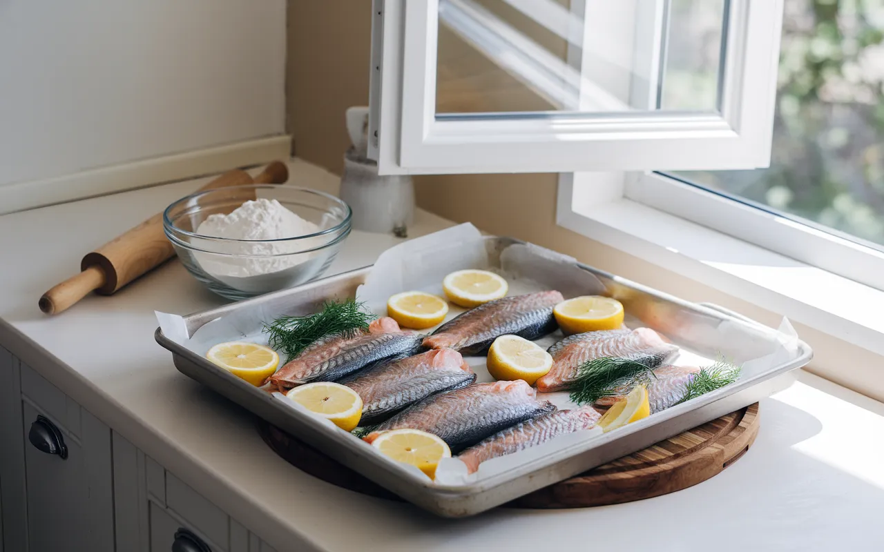 Raw fish fillets seasoned with lemon and dill sit on a baking sheet.