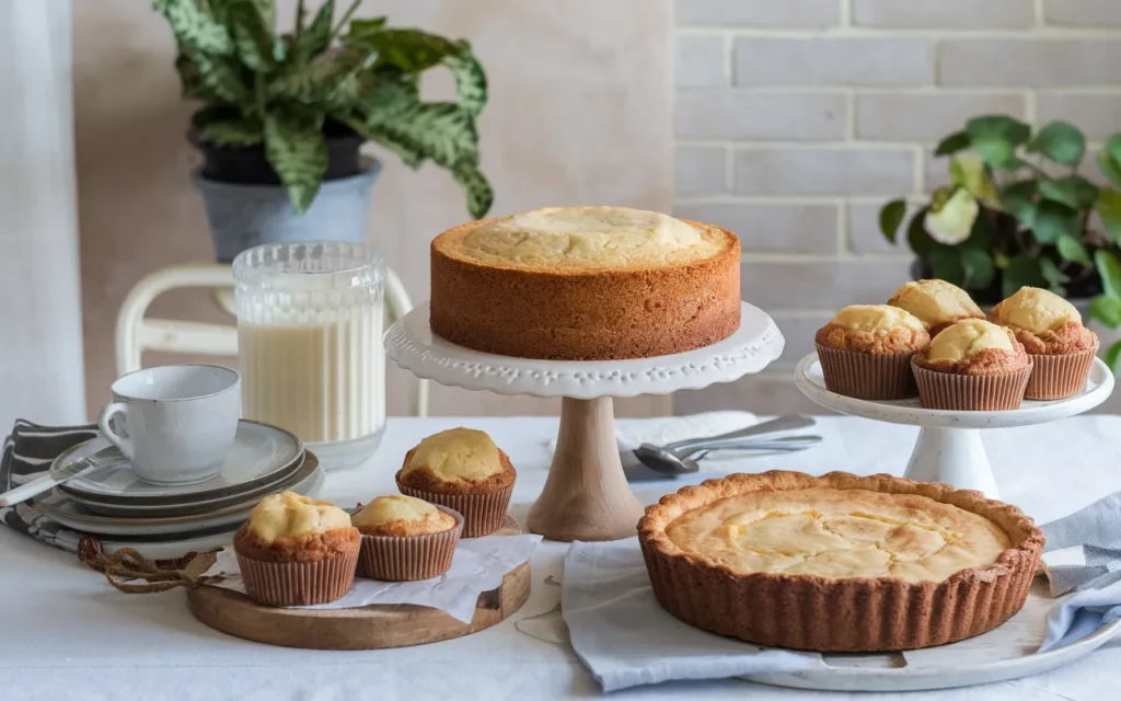 A table is set with a large cake on a stand, muffins on another stand, a flan on a plate, a glass of milk, and a cup and saucer.