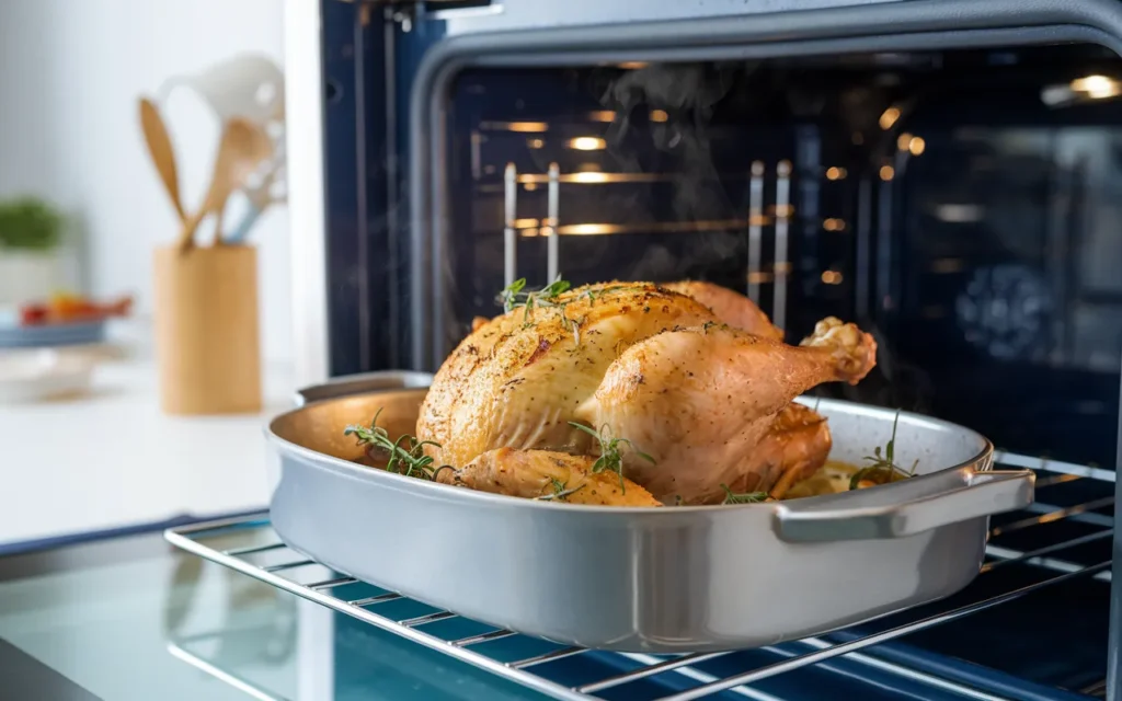 A roasted chicken sits in a white baking dish inside an oven.