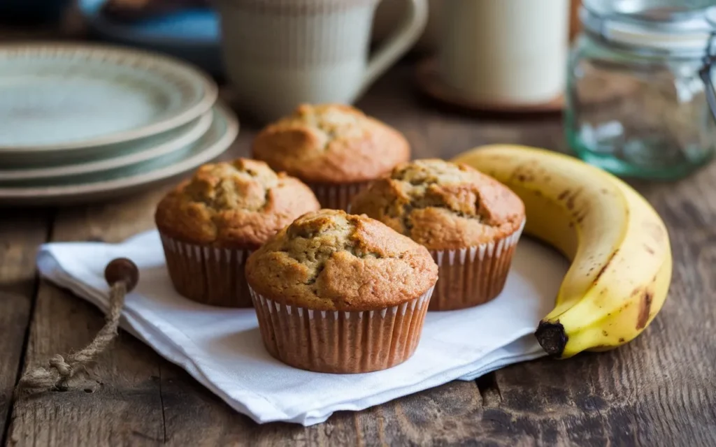 Four golden-brown banana muffins sit on a white napkin next to a ripe banana.