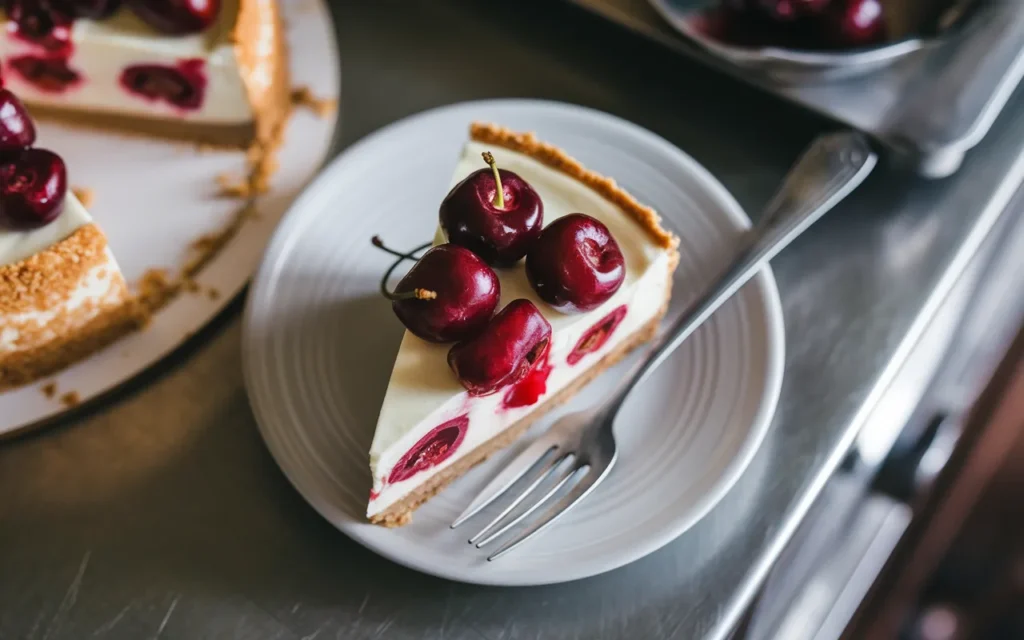 A slice of cherry cheesecake topped with fresh cherries sits on a white plate with a fork.