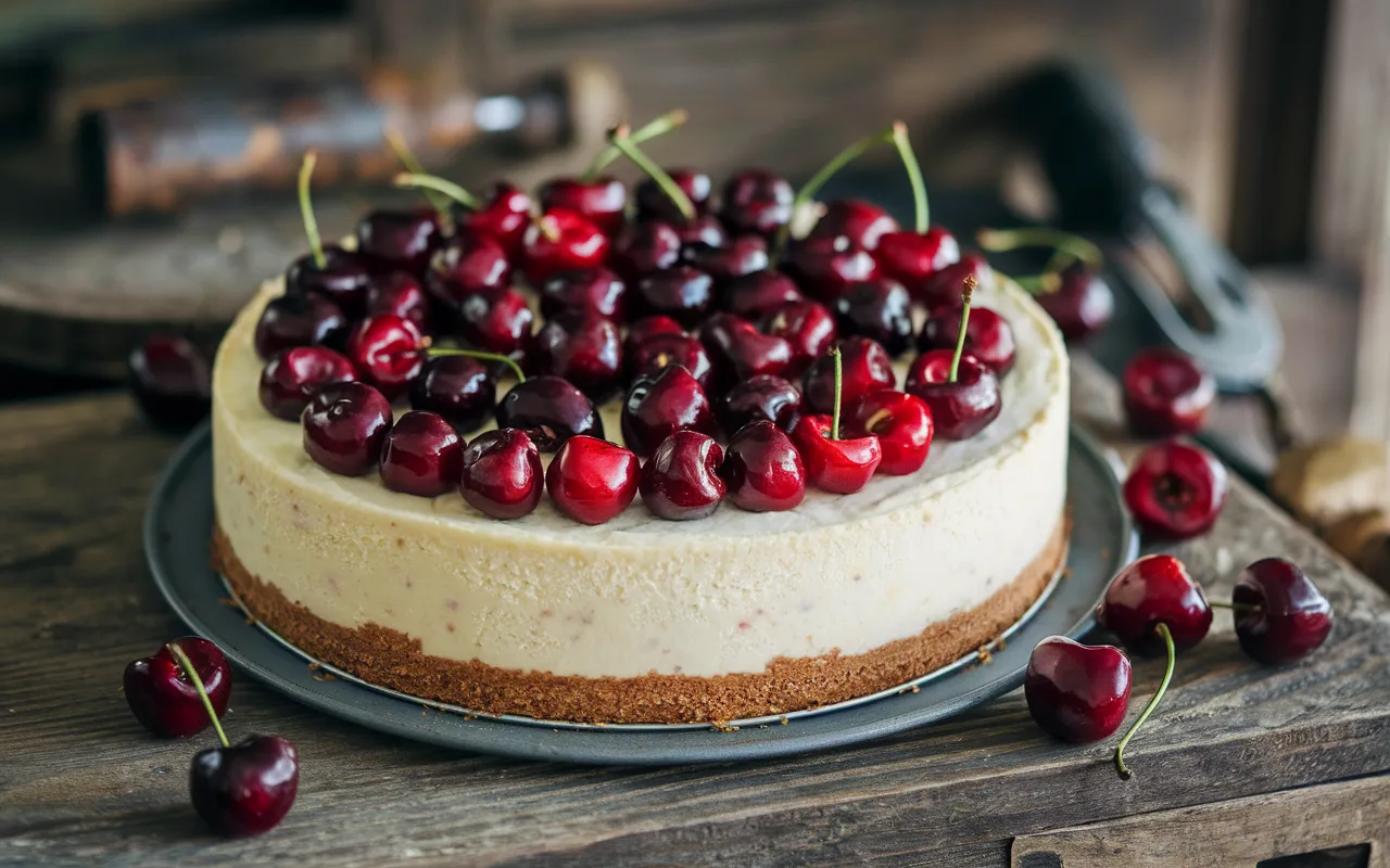 A freshly baked cherry cheesecake recipe displayed on a plate. 2