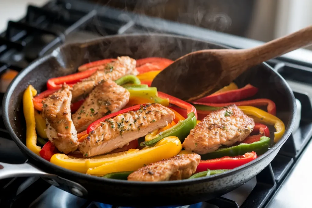 Seared chicken strips and colorful bell peppers cook in a skillet on a stovetop.