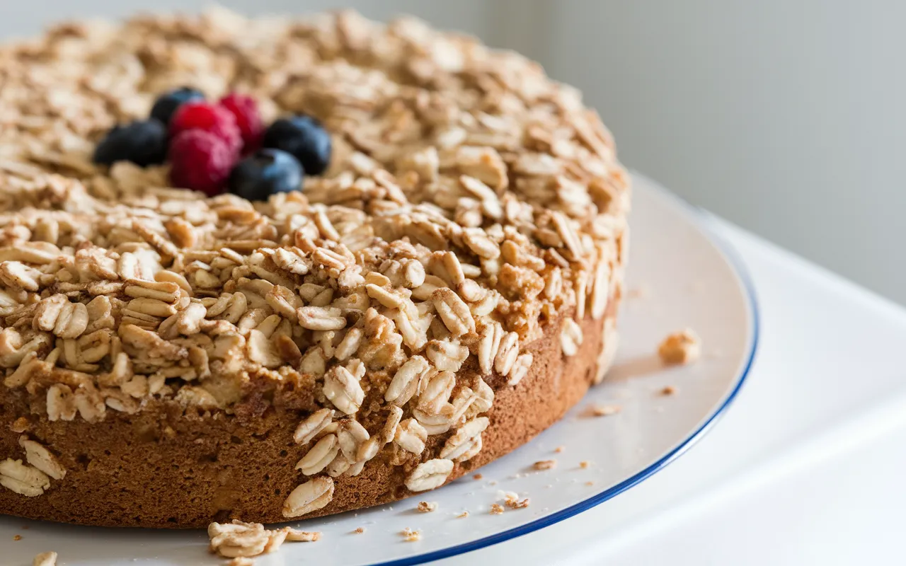 A round cake topped with baked oats and decorated with fresh berries sits on a white plate.