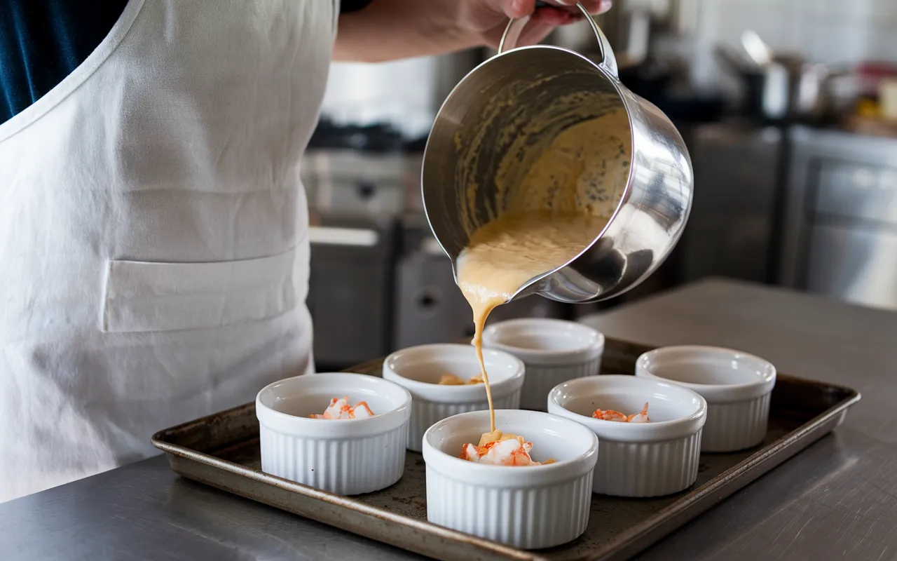  A kitchen torch caramelizing sugar on crab brulee to create a crispy crust