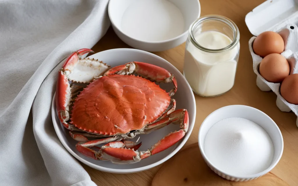 A whole cooked crab sits in a shallow bowl on a table next to other ingredients.