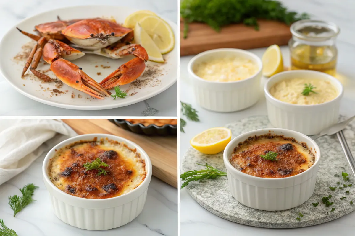 A collage showing a whole cooked crab and individual crab casseroles.