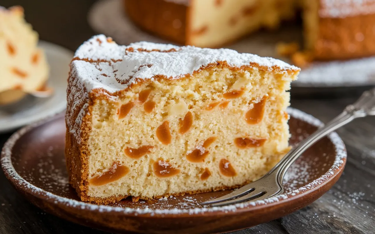 A slice of apricot cake dusted with powdered sugar sits on a brown plate with a fork.