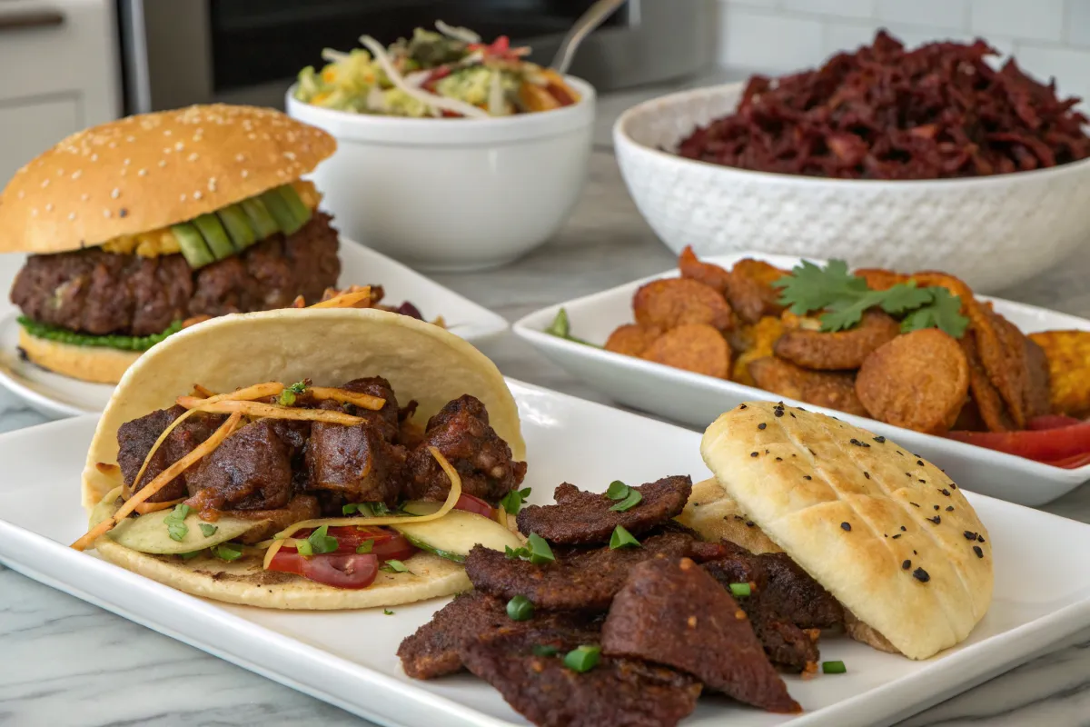 A table spread of various dishes including a burger, spiced beef, and fried plantains.