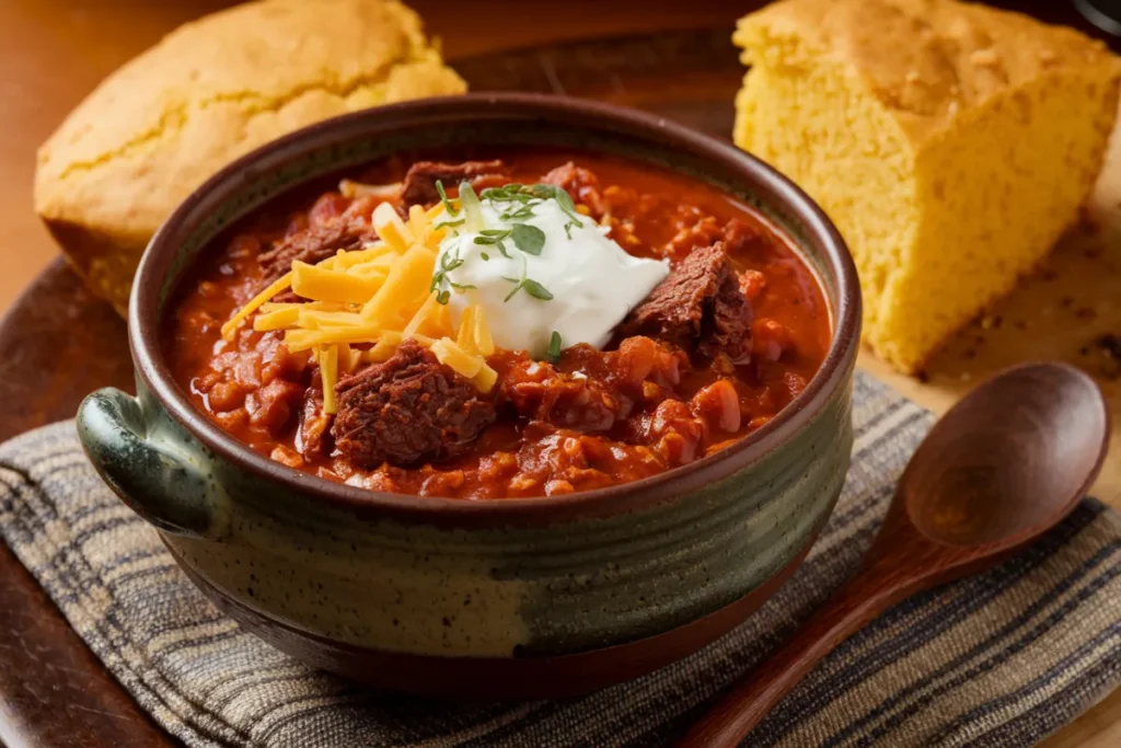 A bowl of chili topped with cheese, sour cream, and herbs sits next to cornbread and a wooden spoon.