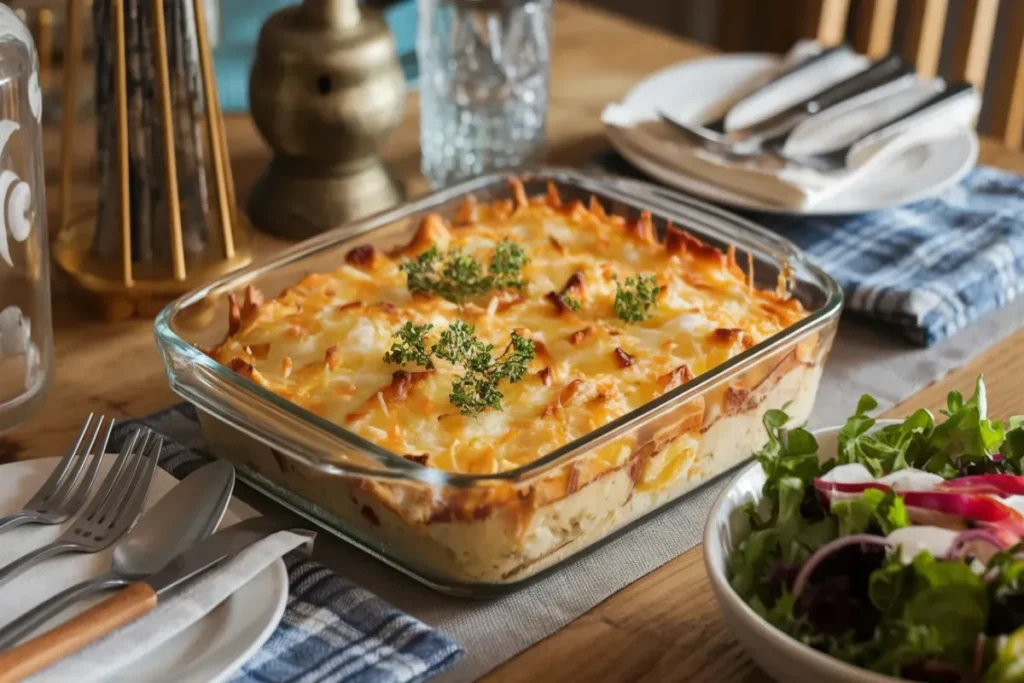 A cheesy potato casserole topped with fresh herbs sits on a wooden table.