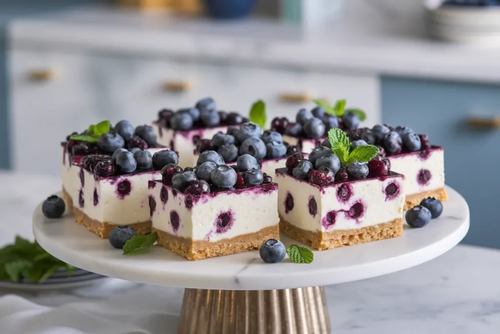 Squares of blueberry cheesecake topped with fresh blueberries and mint sit on a marble cake stand.