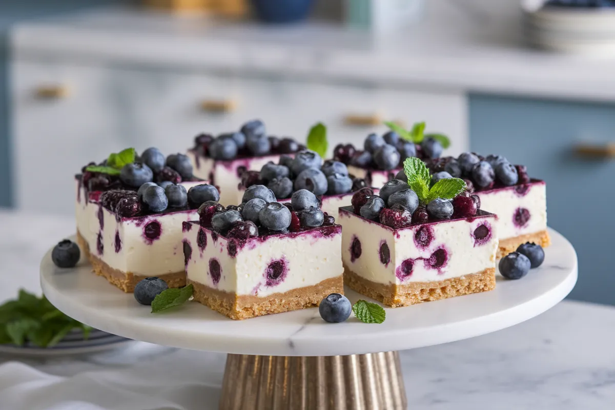 Squares of blueberry cheesecake topped with fresh blueberries and mint sit on a marble cake stand.