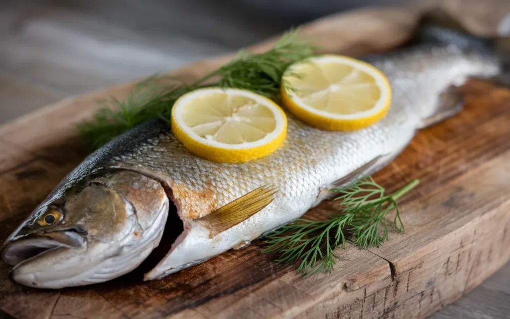 A whole fish seasoned with lemon slices and dill rests on a wooden cutting board.