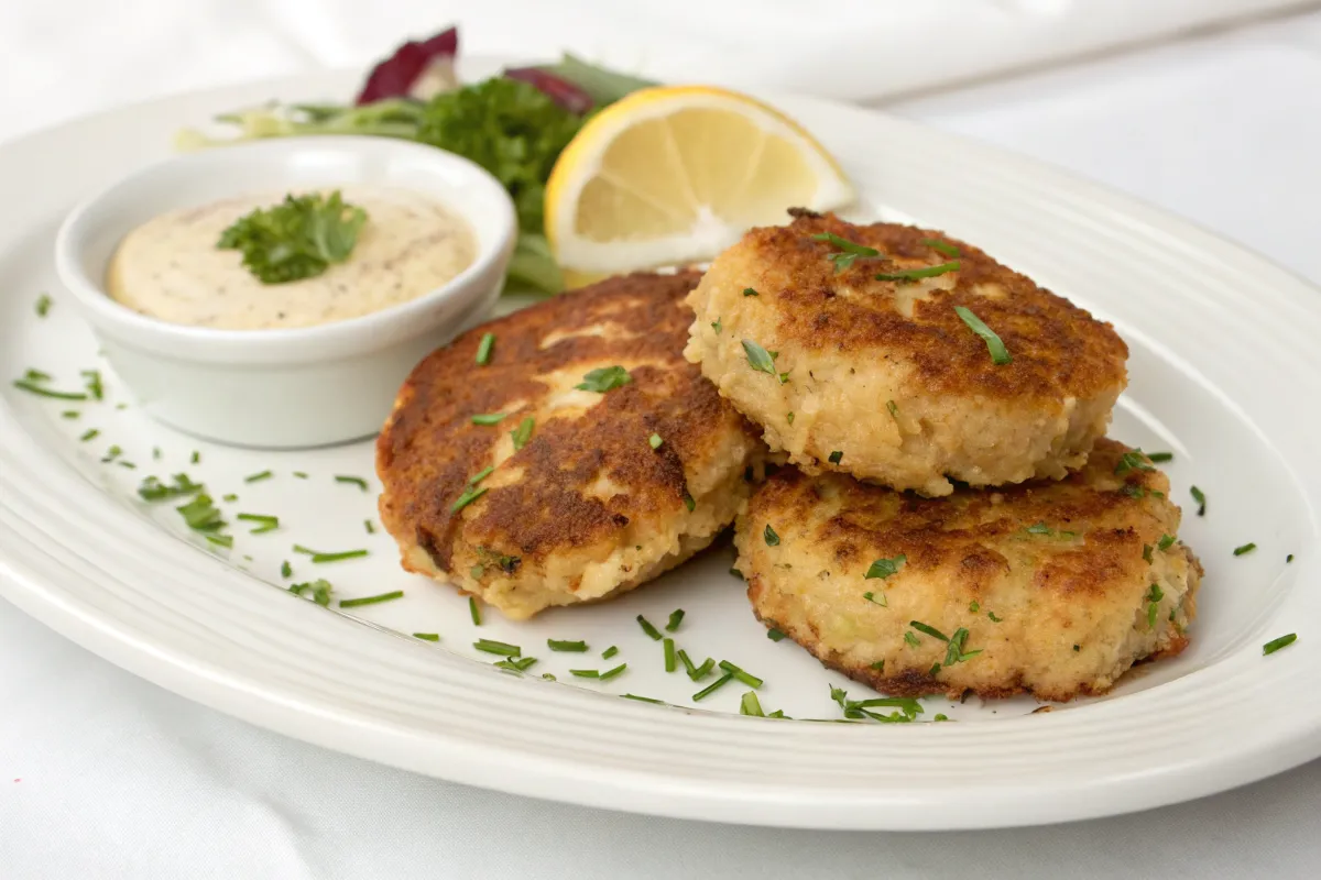 Three golden-brown crab cakes are served on a white plate with dipping sauce, a lemon wedge, and a small salad.