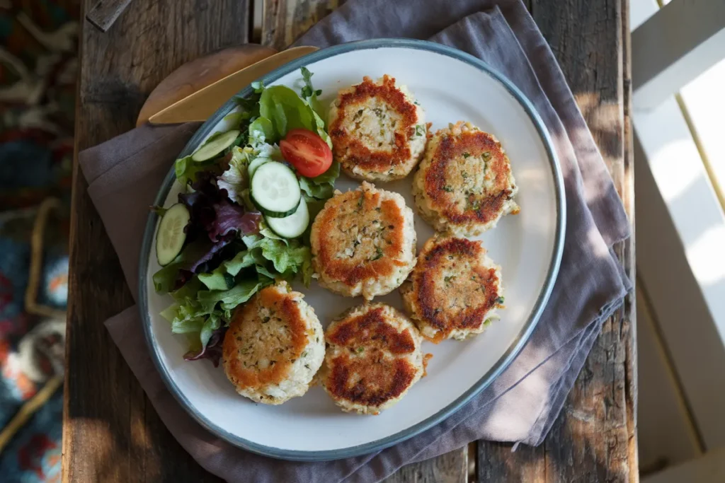 Six golden-brown crab cakes are served on a white plate with a fresh green salad.