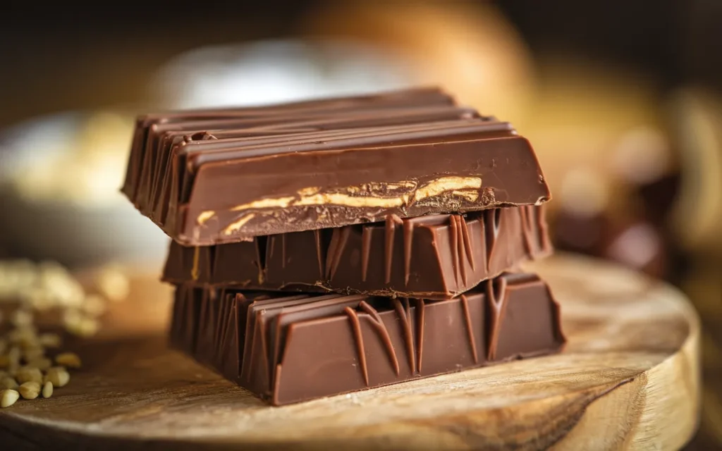 Three stacked bars of dark chocolate on a wooden surface.