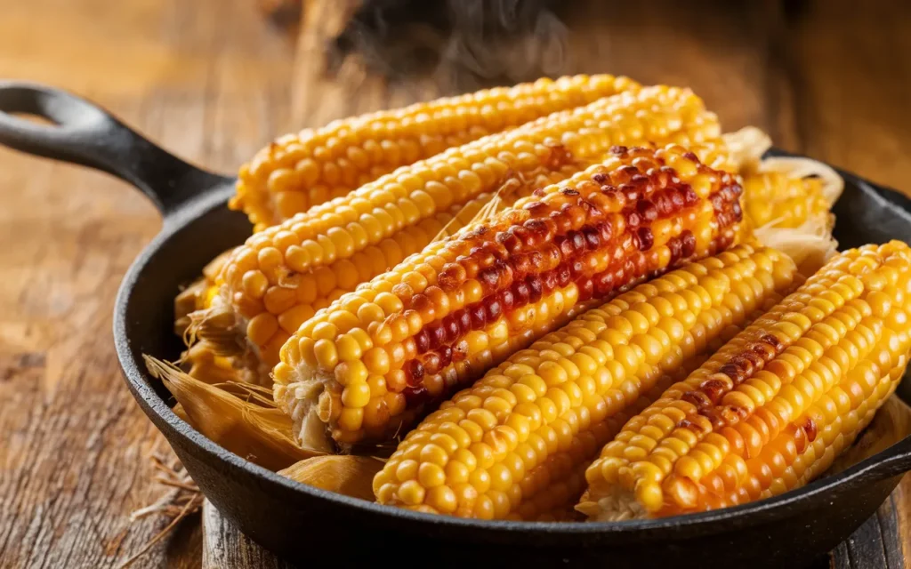 Roasted corn on the cob sits in a cast iron skillet.