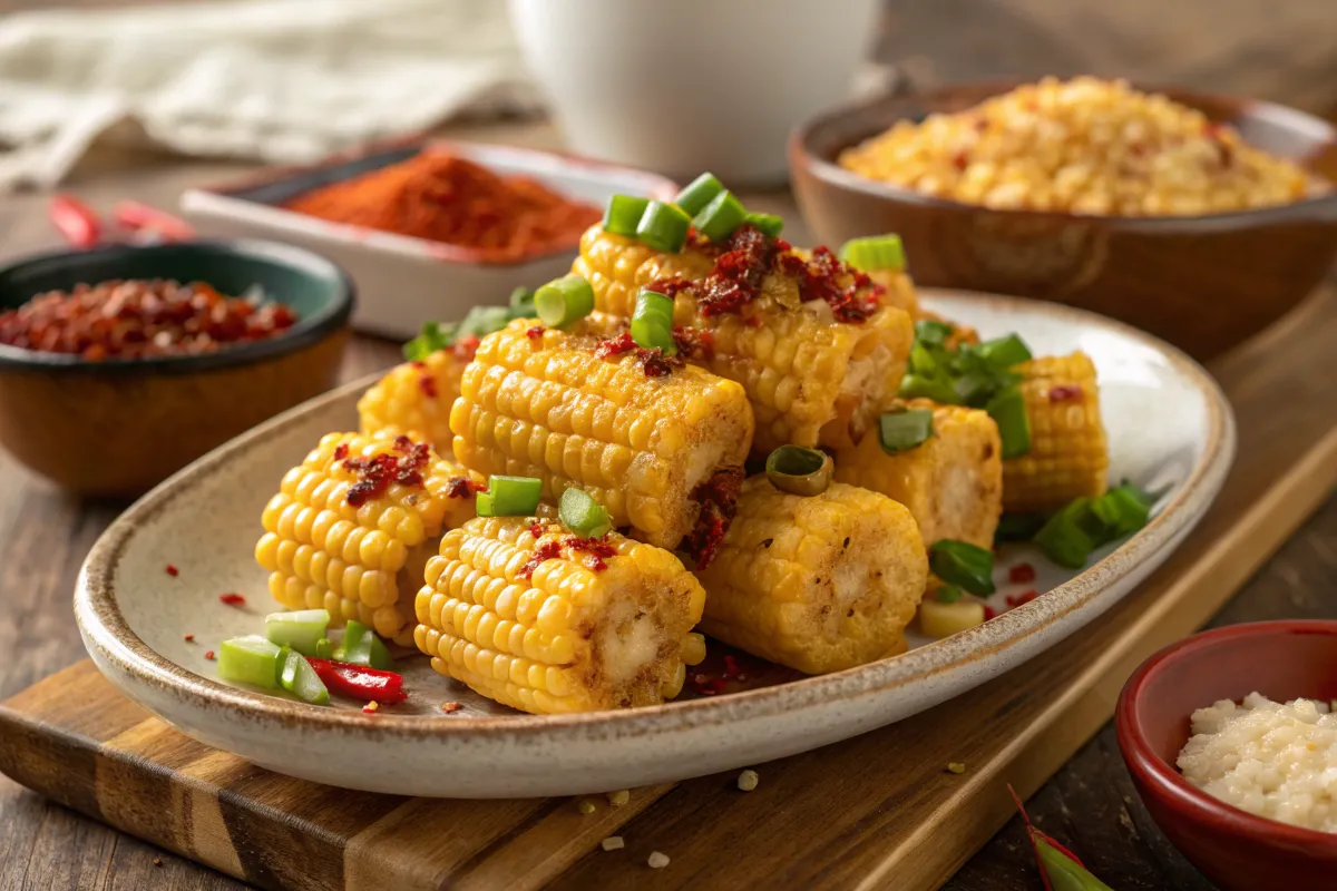 Roasted corn on the cob seasoned with spices and chopped green onions are served on an oval plate.