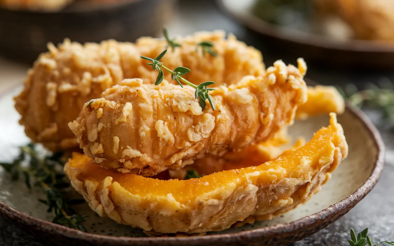 Crispy fried butternut squash wedges are garnished with fresh thyme.