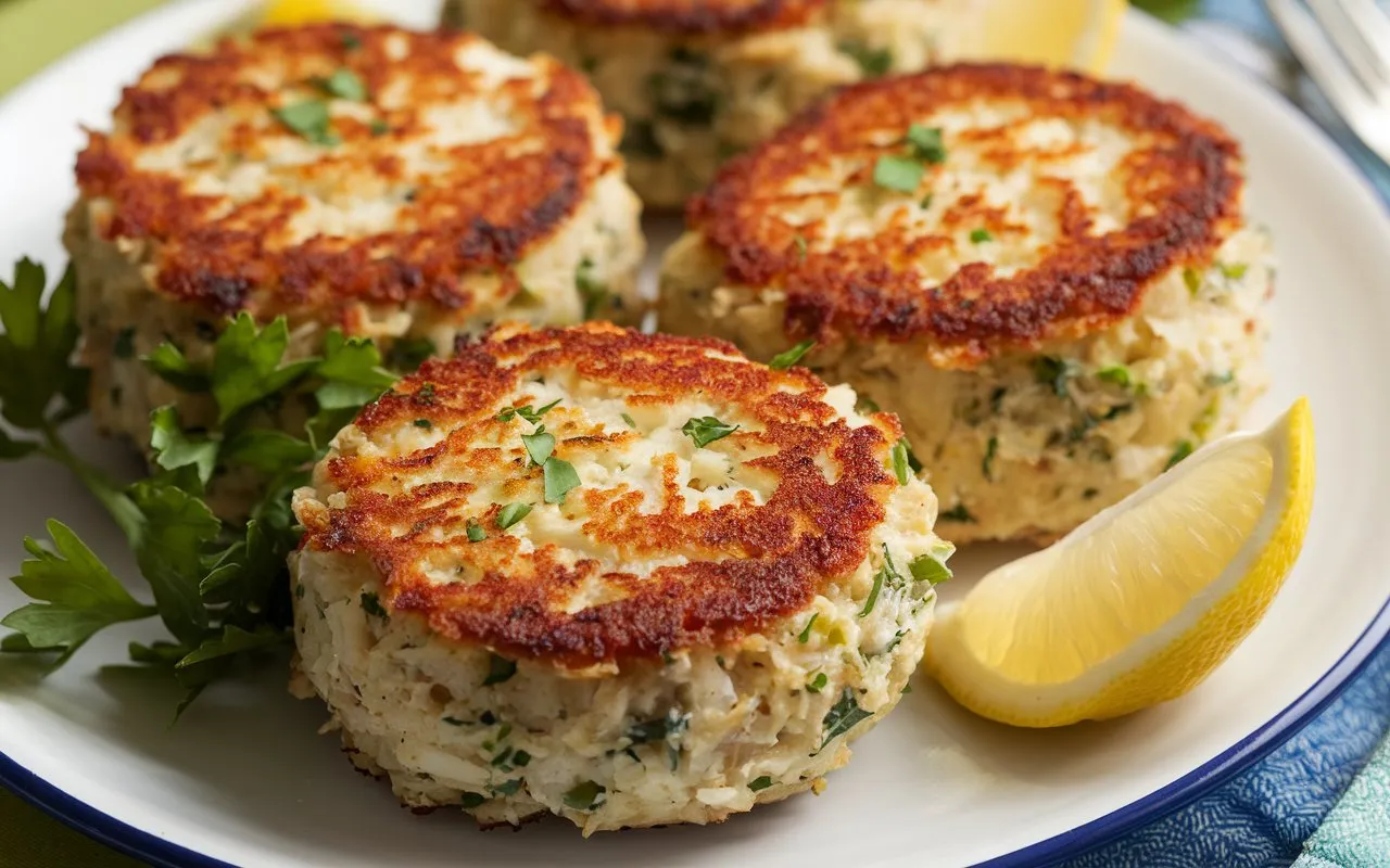 Three golden-brown crab cakes garnished with parsley are served with lemon wedges on a plate.