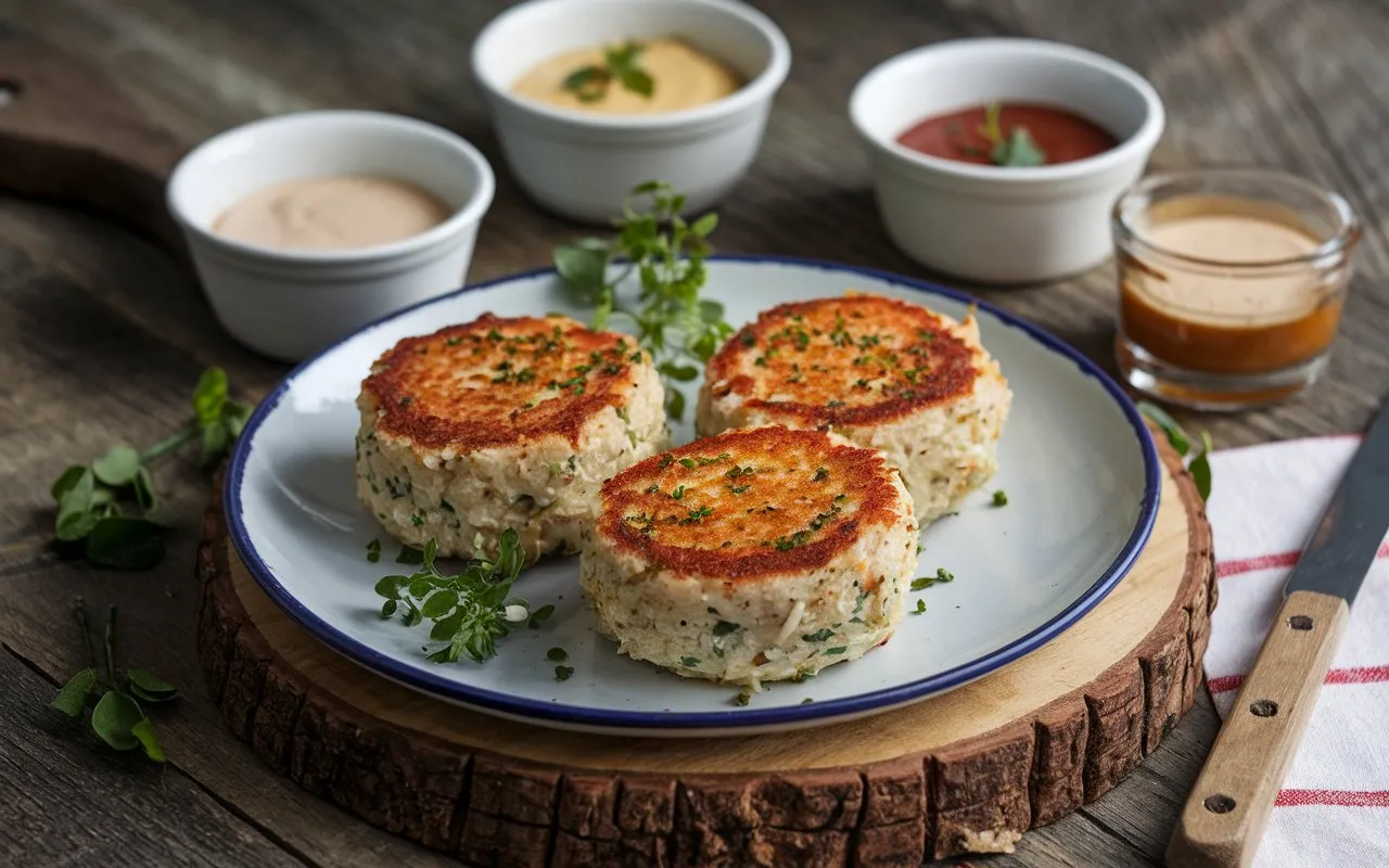  Close-up of gluten free crab cakes on a plate.