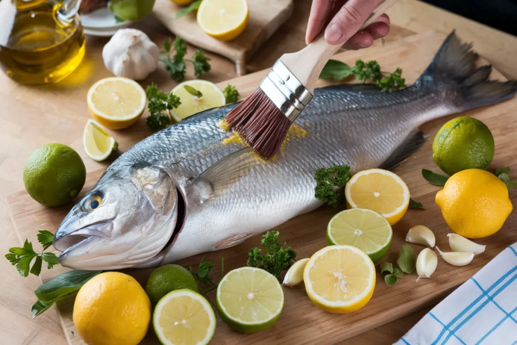 A hand brushes a marinade onto a whole raw fish on a wooden cutting board.