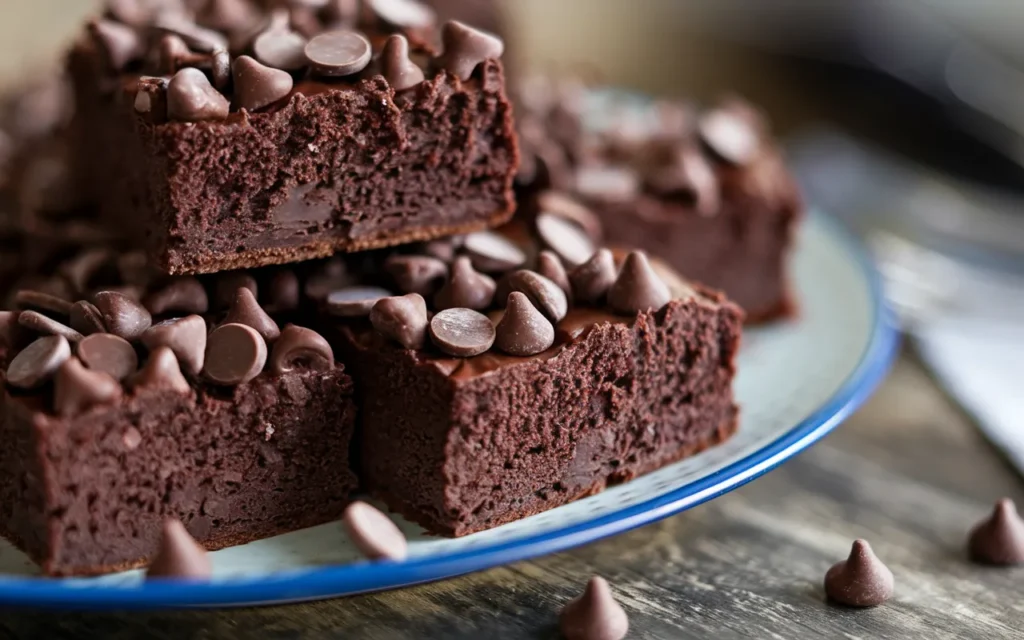 A stack of fudgy chocolate brownies topped with chocolate chips sits on a plate.