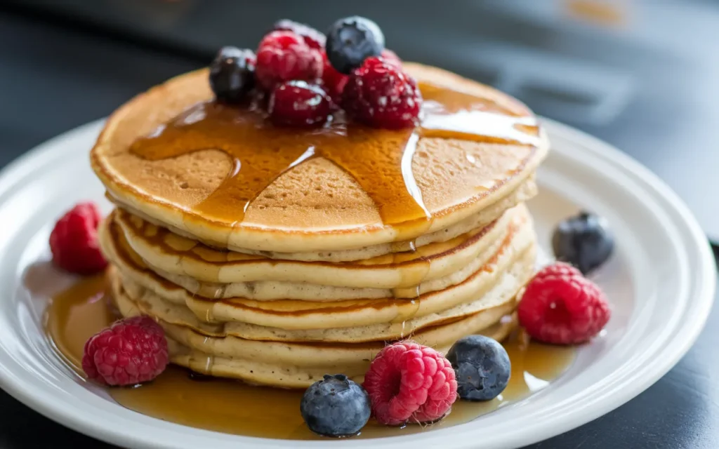 A stack of pancakes topped with fresh berries and syrup sits on a white plate.