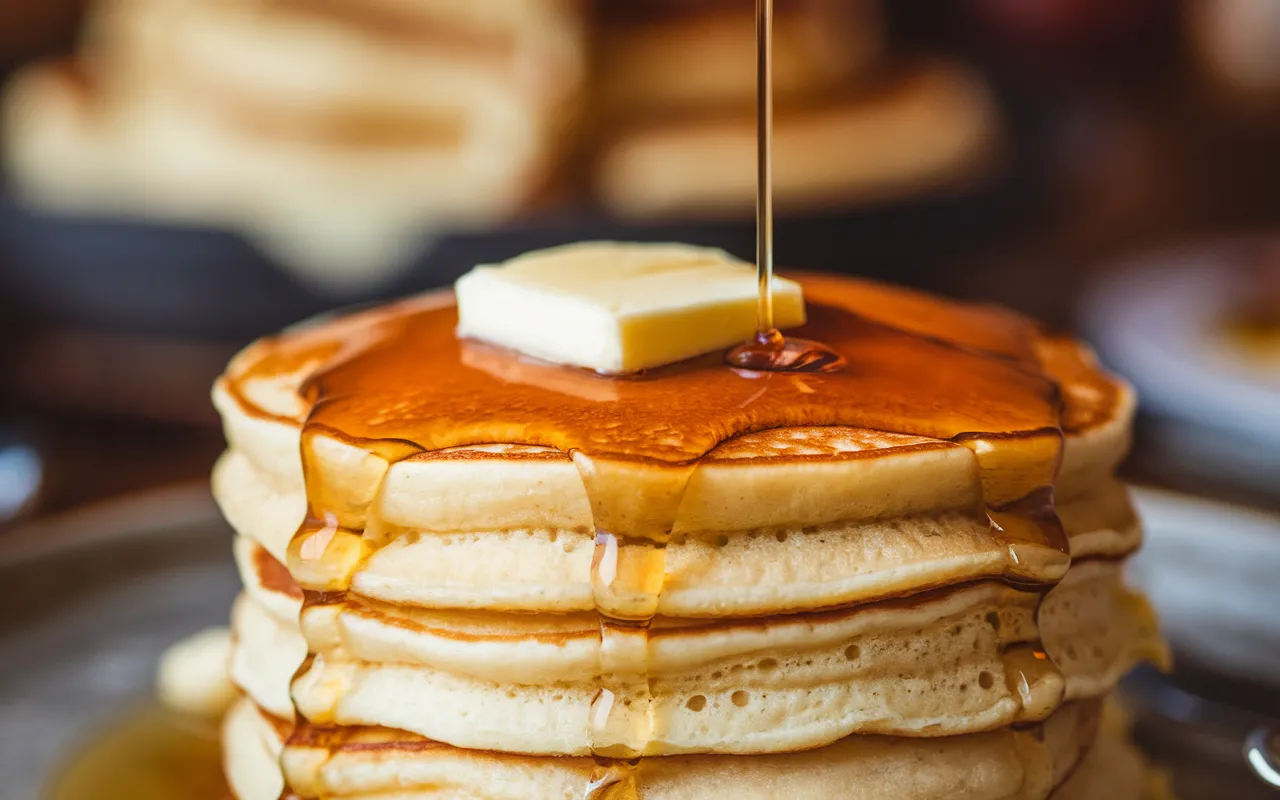 Hotcake mix recipe served with syrup and berries