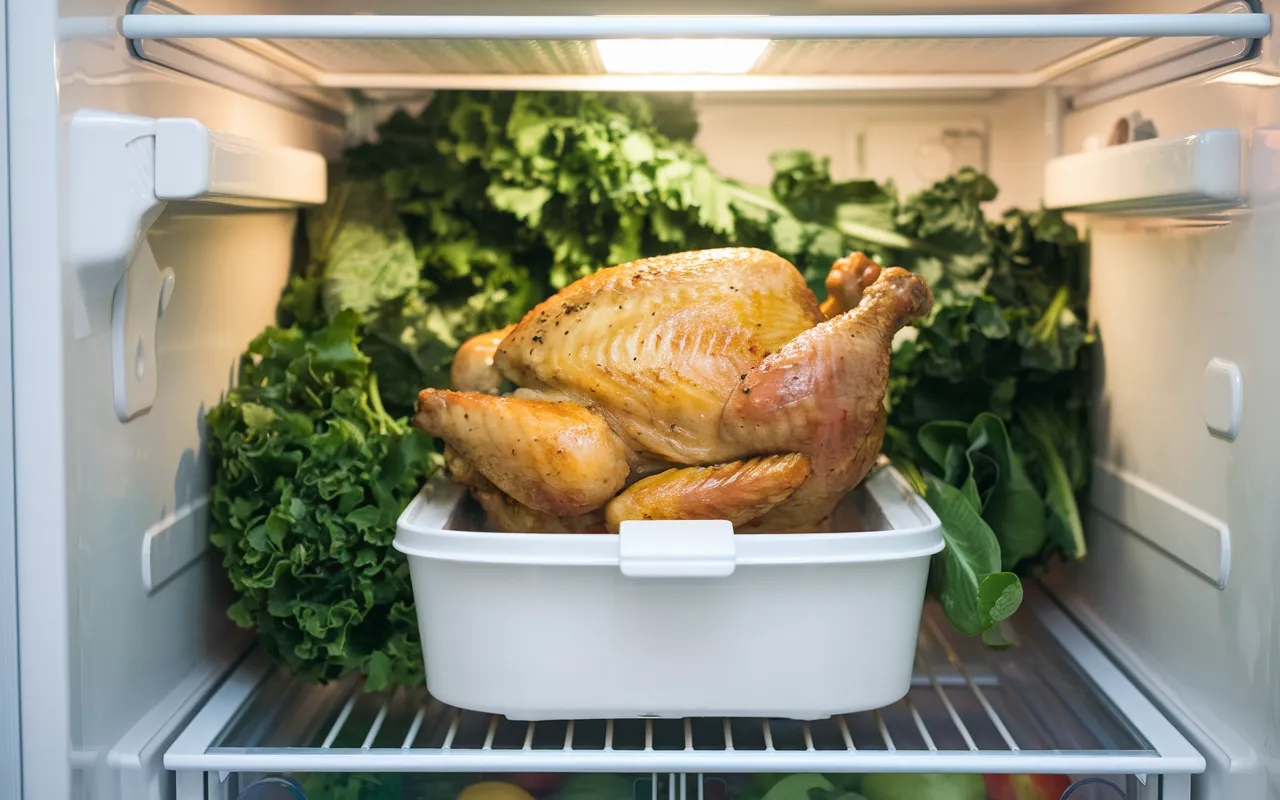 A whole roasted chicken sits in a white container inside a refrigerator next to leafy green vegetables.