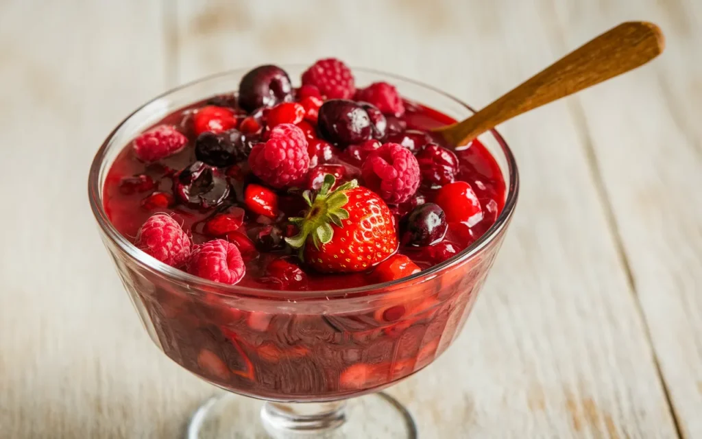 A glass bowl filled with a red berry compote topped with fresh raspberries, blueberries, strawberries and cherries.