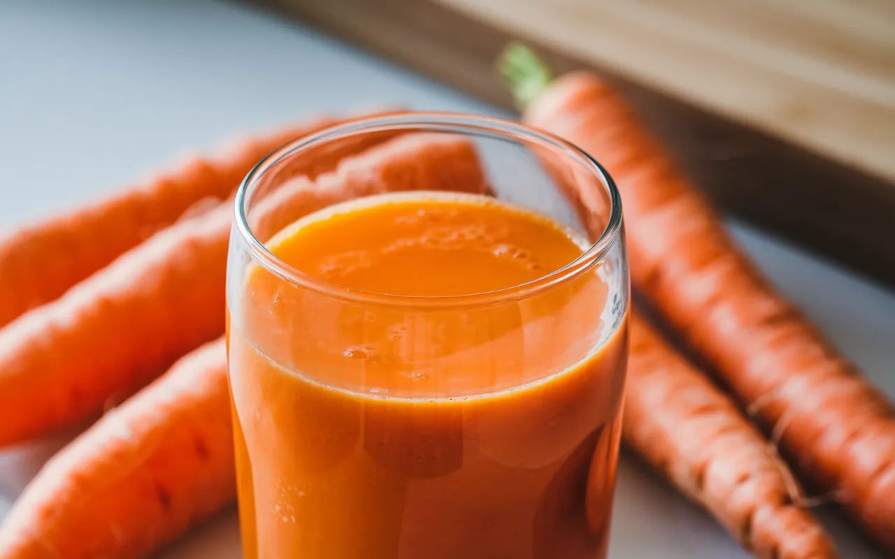 A glass of carrot juice sits in front of several whole carrots.