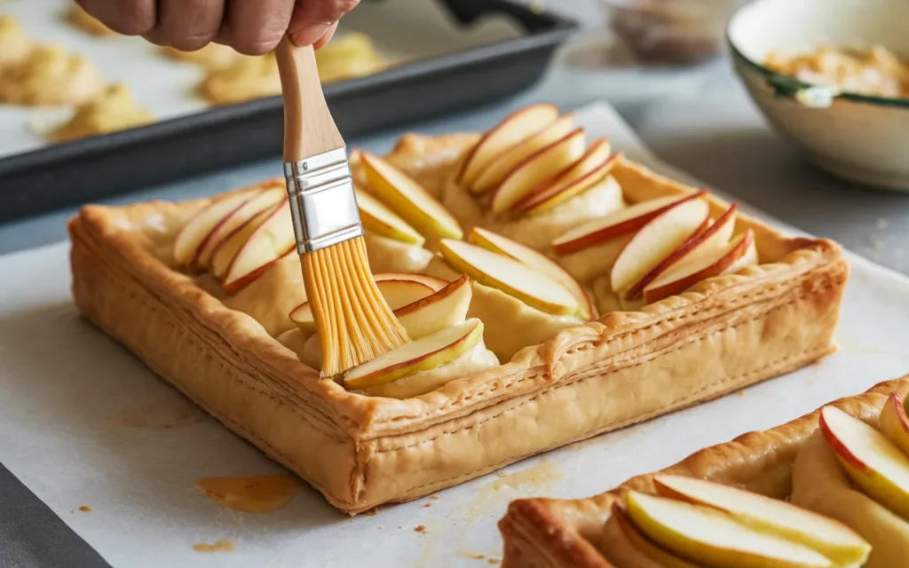 A hand uses a pastry brush to glaze apple slices arranged on a puff pastry tart.