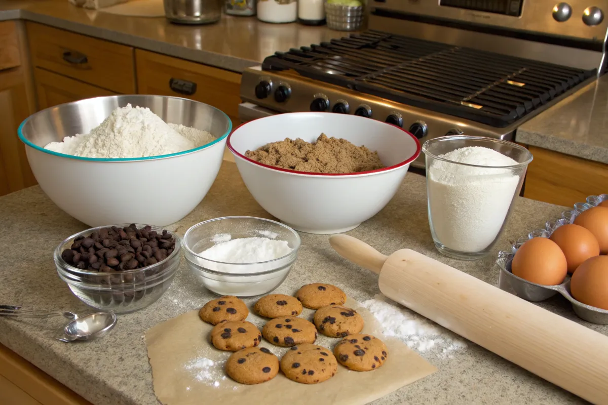 Ingredients and a few freshly baked chocolate chip cookies are arranged on a kitchen counter.