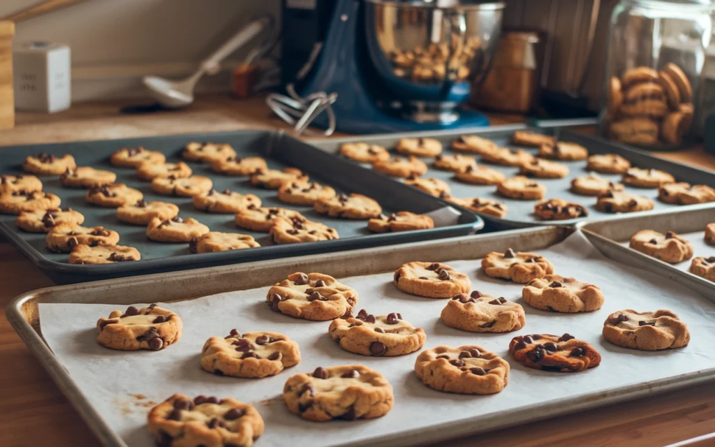 Three baking sheets of freshly baked chocolate chip cookies cool on a kitchen counter.