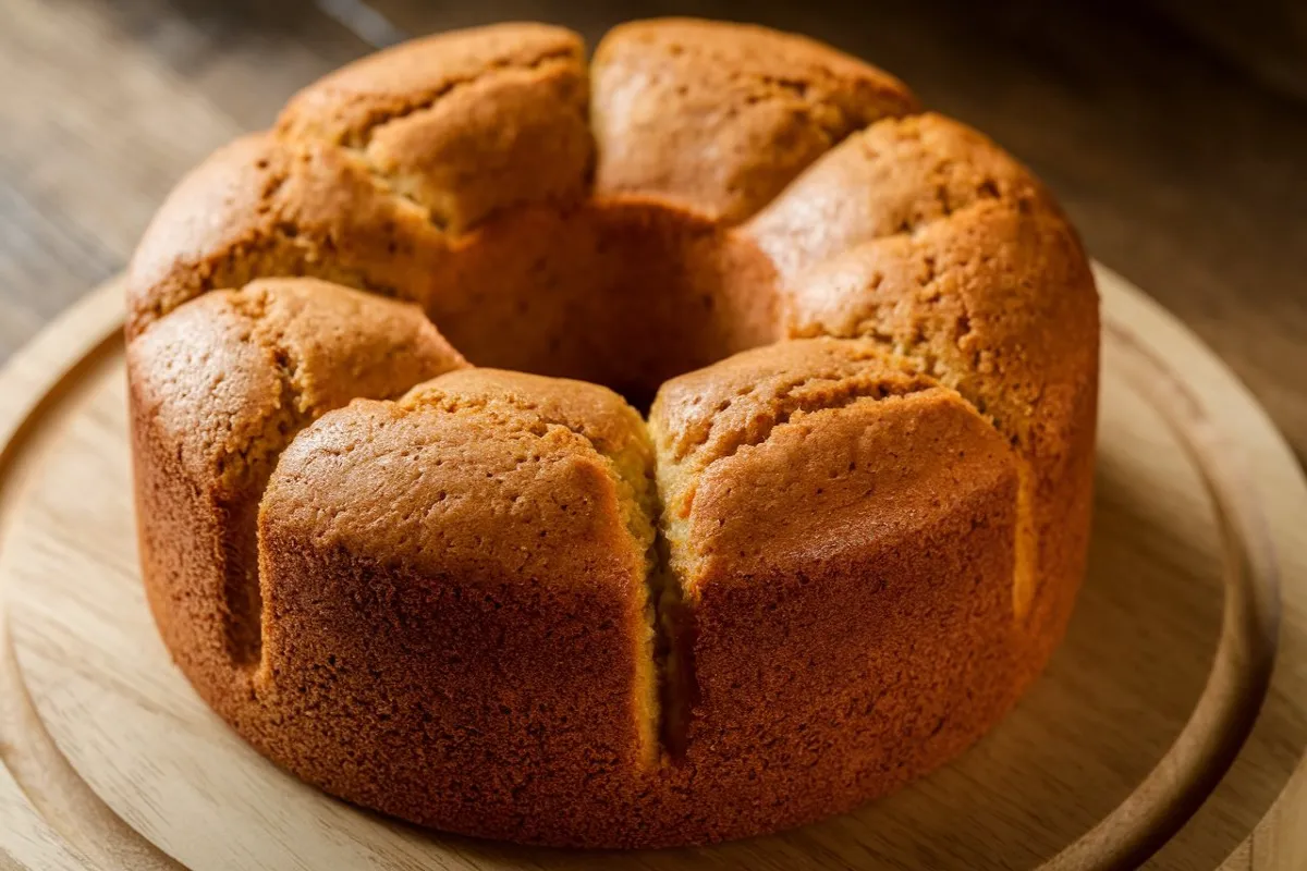 A golden-brown chiffon cake sits on a wooden serving plate.