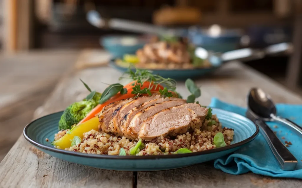 Sliced grilled chicken breast served on a bed of quinoa with fresh vegetables.