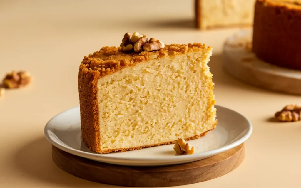 A slice of golden, airy cake topped with walnuts sits on a small white plate.