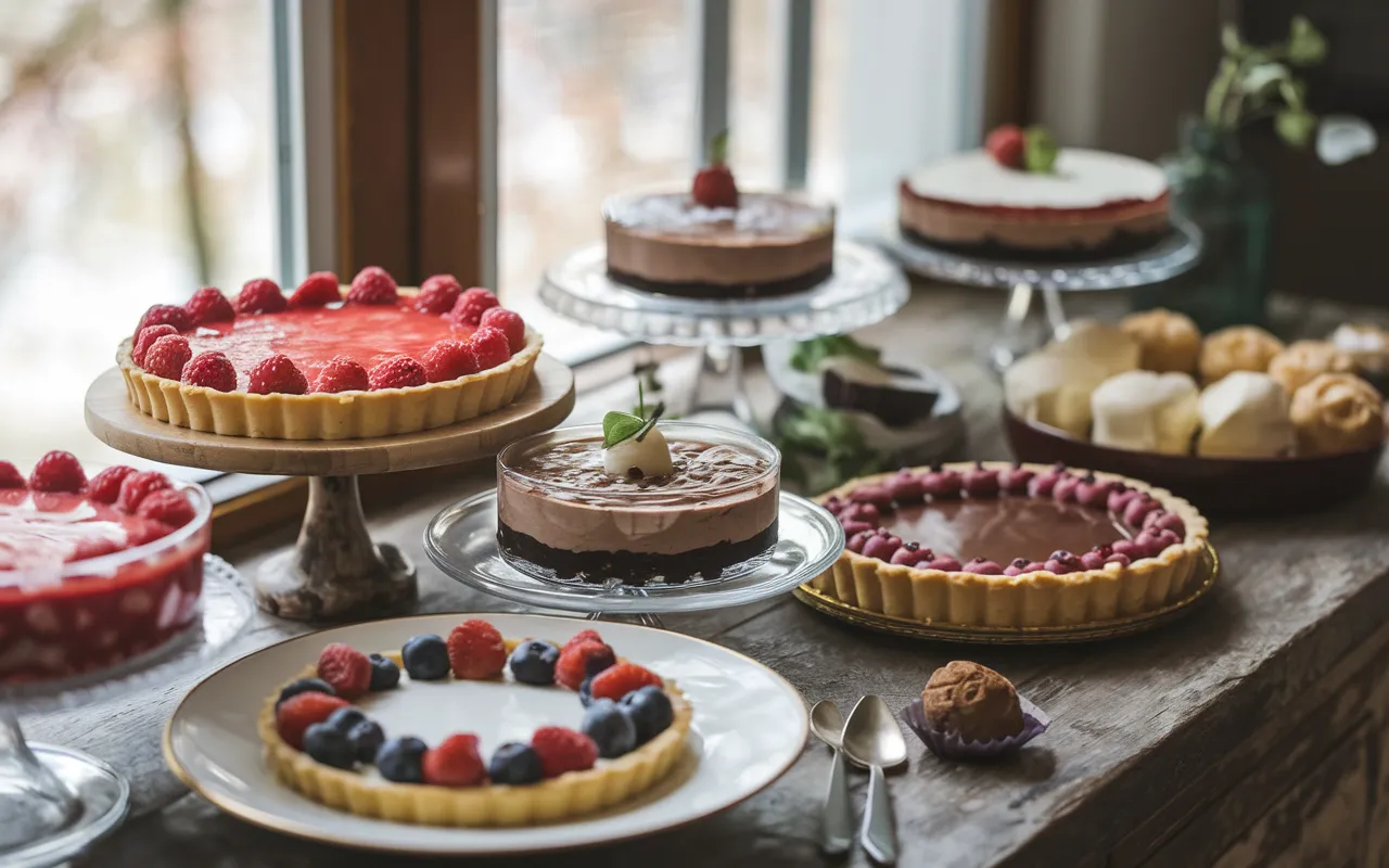 An assortment of desserts, including tarts, cakes, and pastries, sits on a wooden table in front of a window.