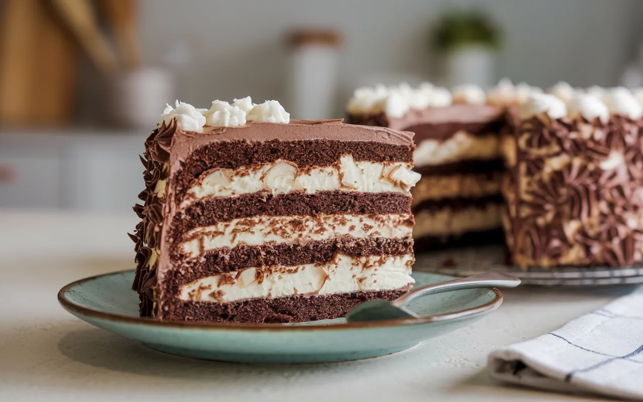 A slice of layered chocolate cake with white frosting sits on a small plate.