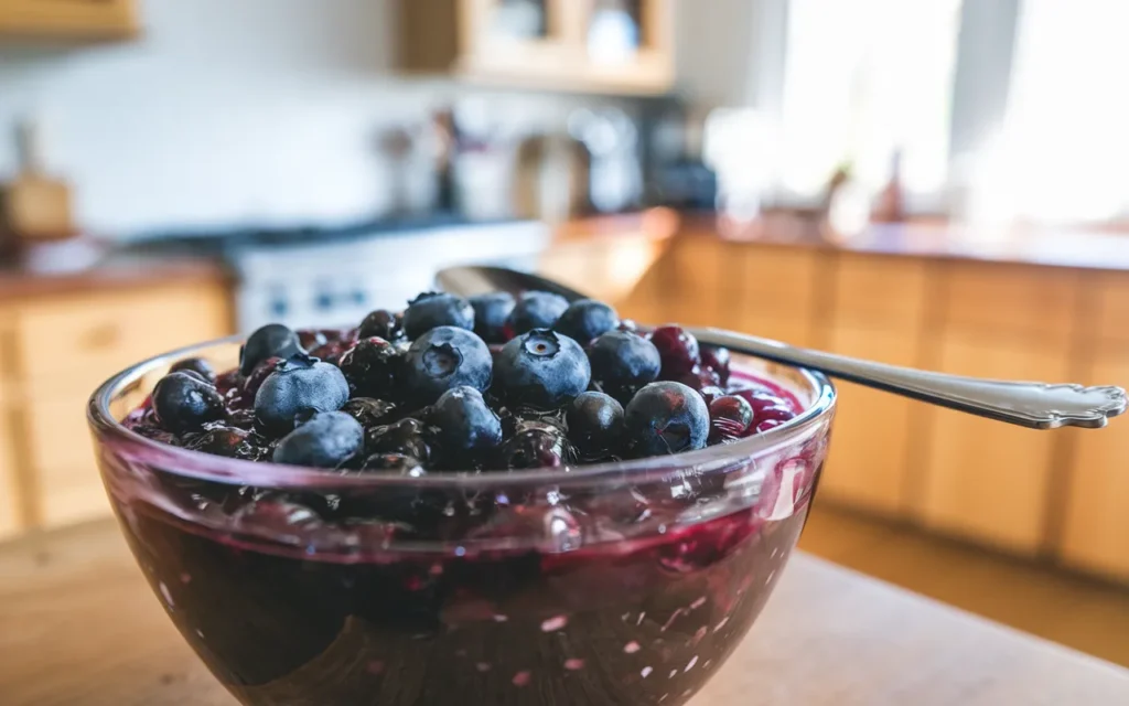 A glass bowl filled with blueberry sauce or jam is topped with fresh blueberries and a spoon.